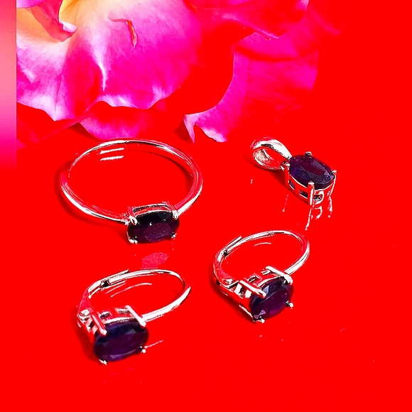 Natural Blue Sapphire set "Celeste". 925 Sterling  Earrings, Pendant, Ring 5.75 - Picture 5 of 15